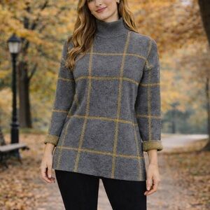 Tahari Gray Windowpane Sweater Mustard Yellow Plaid Grid Print Mock Neck Zip Med